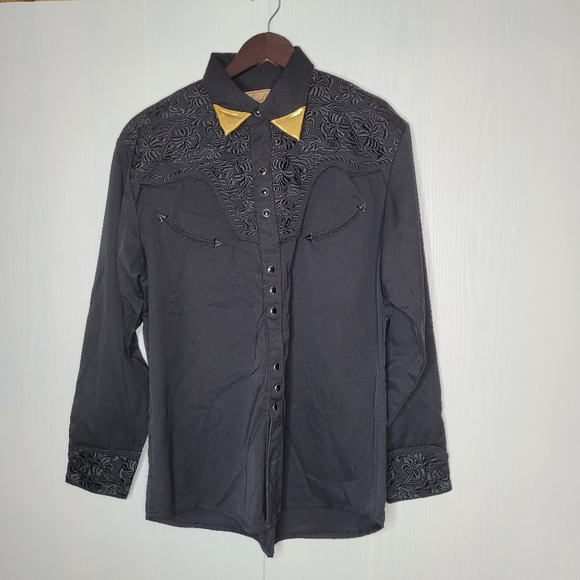 VTG Scully Men Western Snaps Button Shirt Size Medium Black Embroidered Floral - Picture 10 of 16